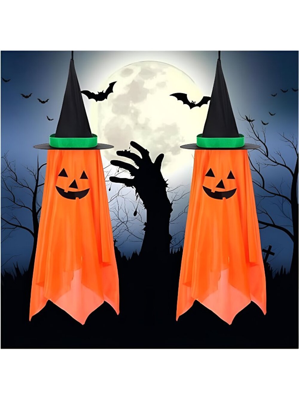2 Pack Halloween Decorations, Pumpkin Wizard Hat Pre-Installed Pumpkin Ghosts